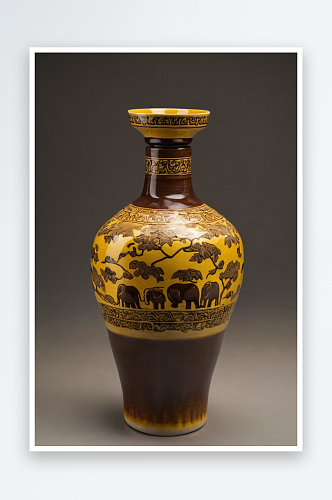 大象陶瓷博物馆唐朝文物黄釉盘口贴花穿带陶
