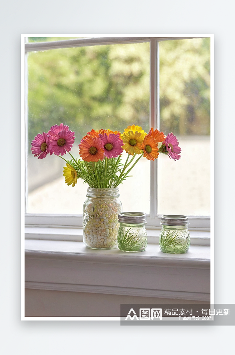 窗台上装有多色百日菊罐子图片素材