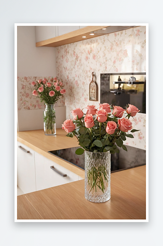 厨房内部与玫瑰花束花瓶图片