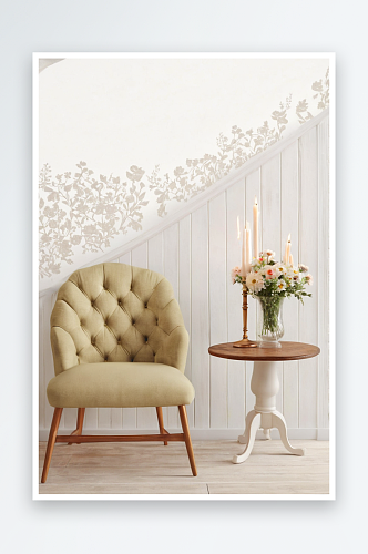 白色木质阁楼房间里复古软垫椅子蜡烛鲜花放