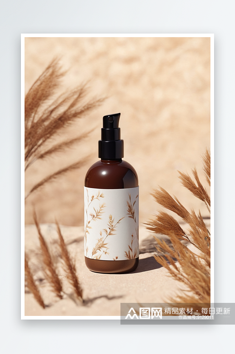 棕色化妆瓶与空白标签附近石头潘帕斯草原近素材