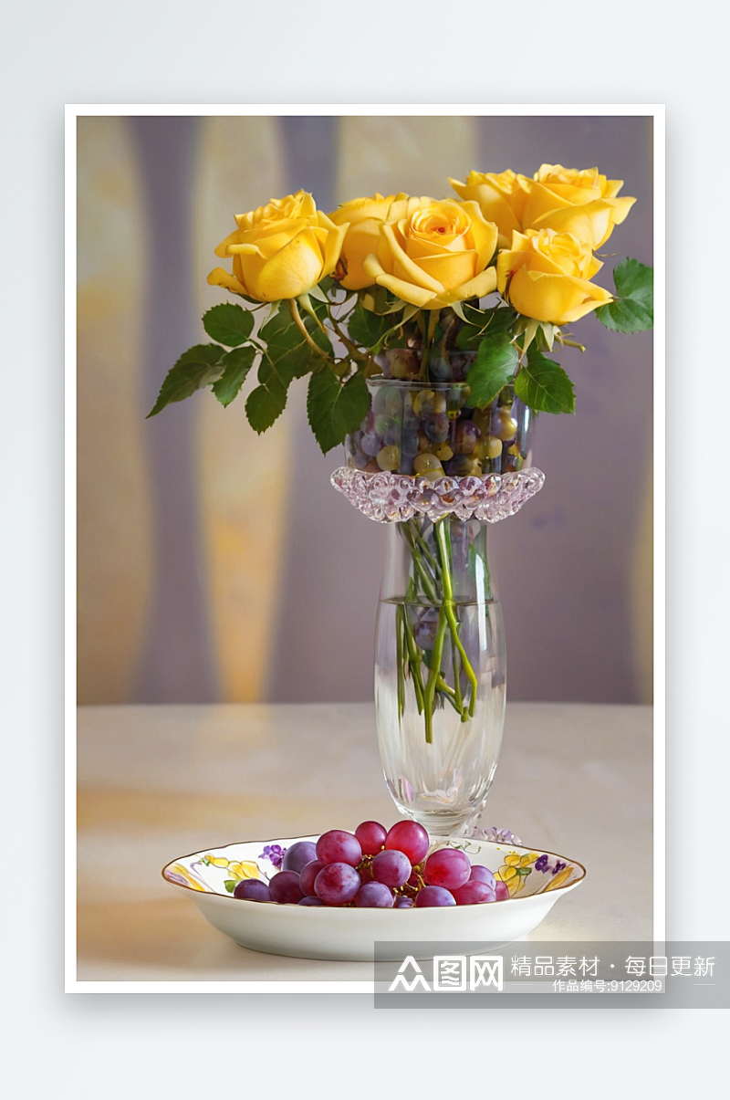 紫葡萄与黄玫瑰盘里紫红葡萄摆插着黄玫瑰花素材