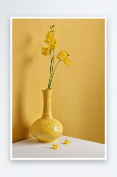 桌子上靠黄墙黄色花瓶特写图片