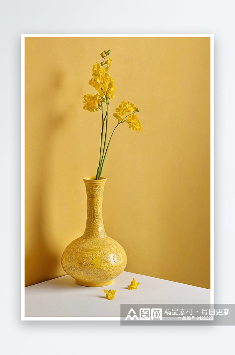 桌子上靠黄墙黄色花瓶特写图片素材