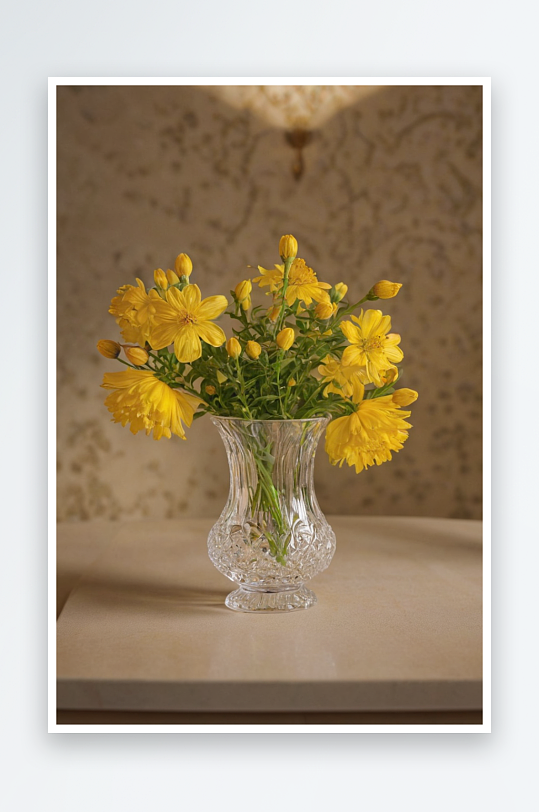 桌子上花瓶里黄花特写图片