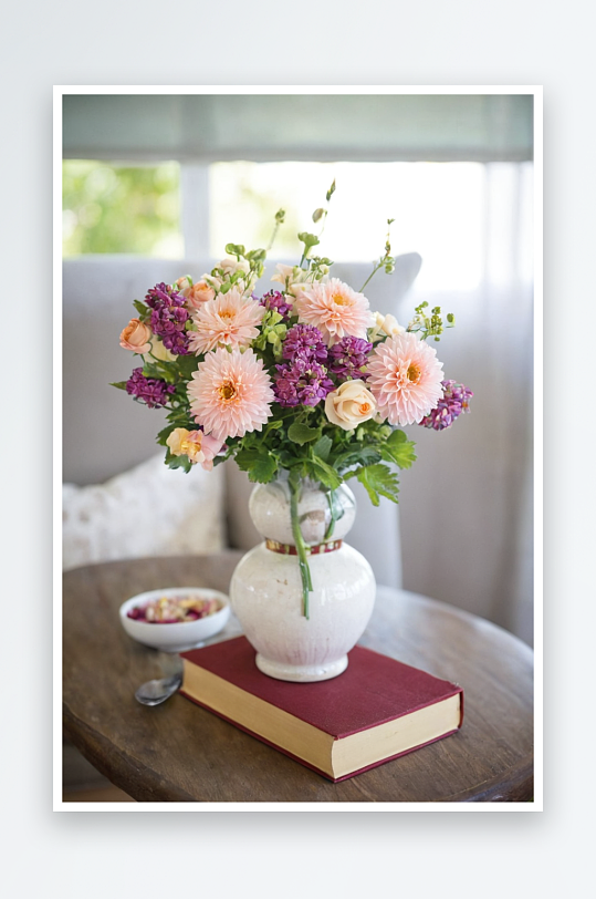 桌子上花瓶里花朵特写图片