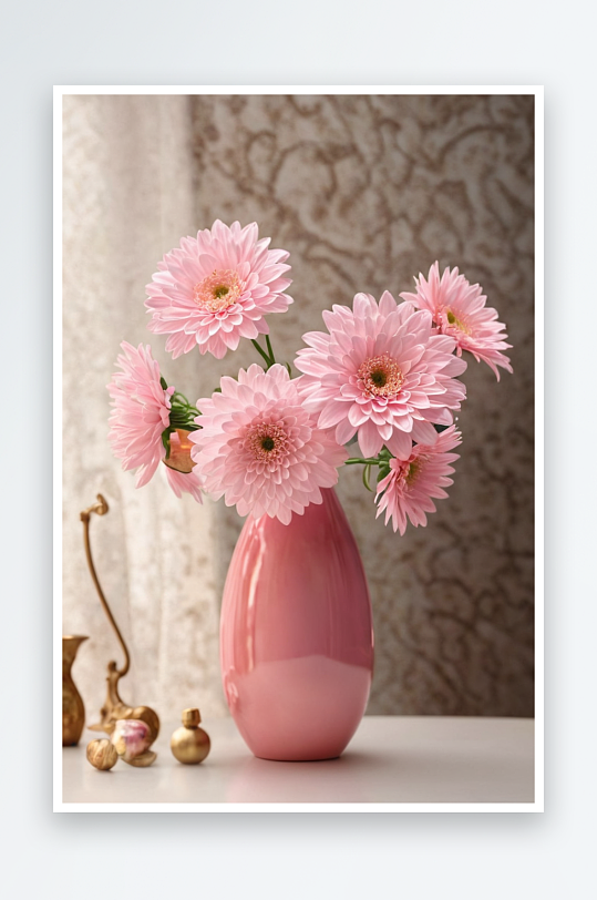 桌子上花瓶里粉红色花朵特写图片