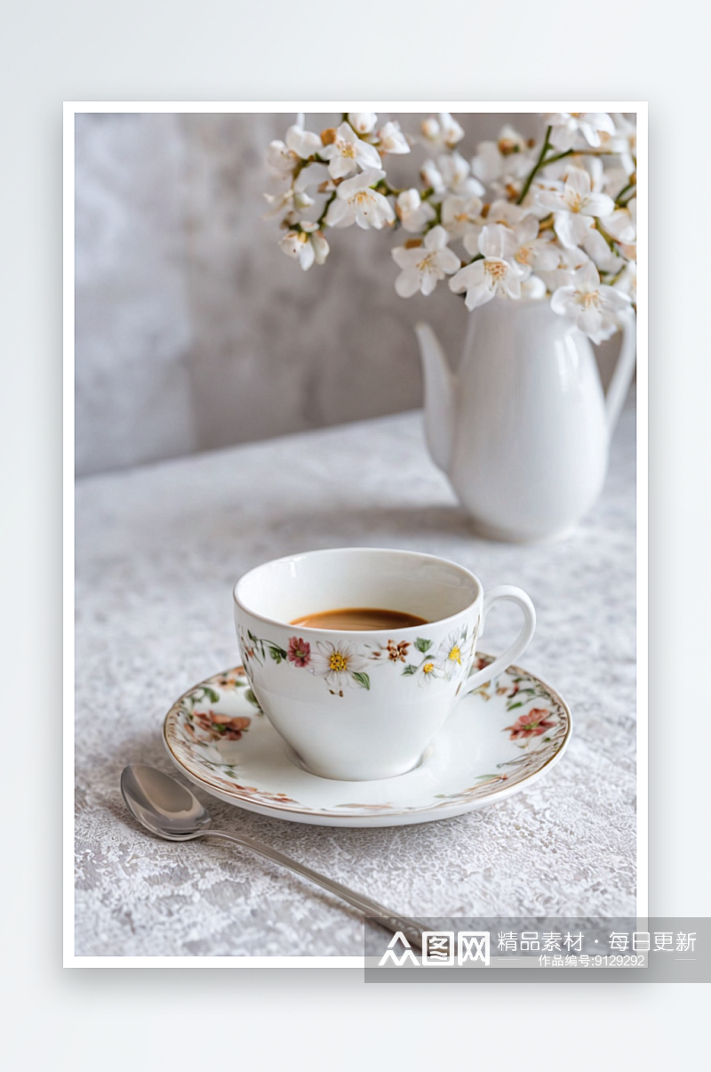 桌上咖啡杯花朵照片素材