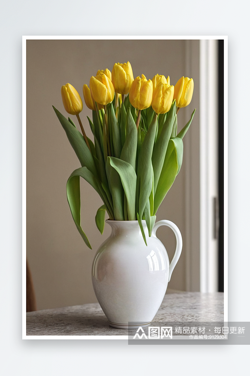 桌上花瓶里黄色郁金香特写图片素材