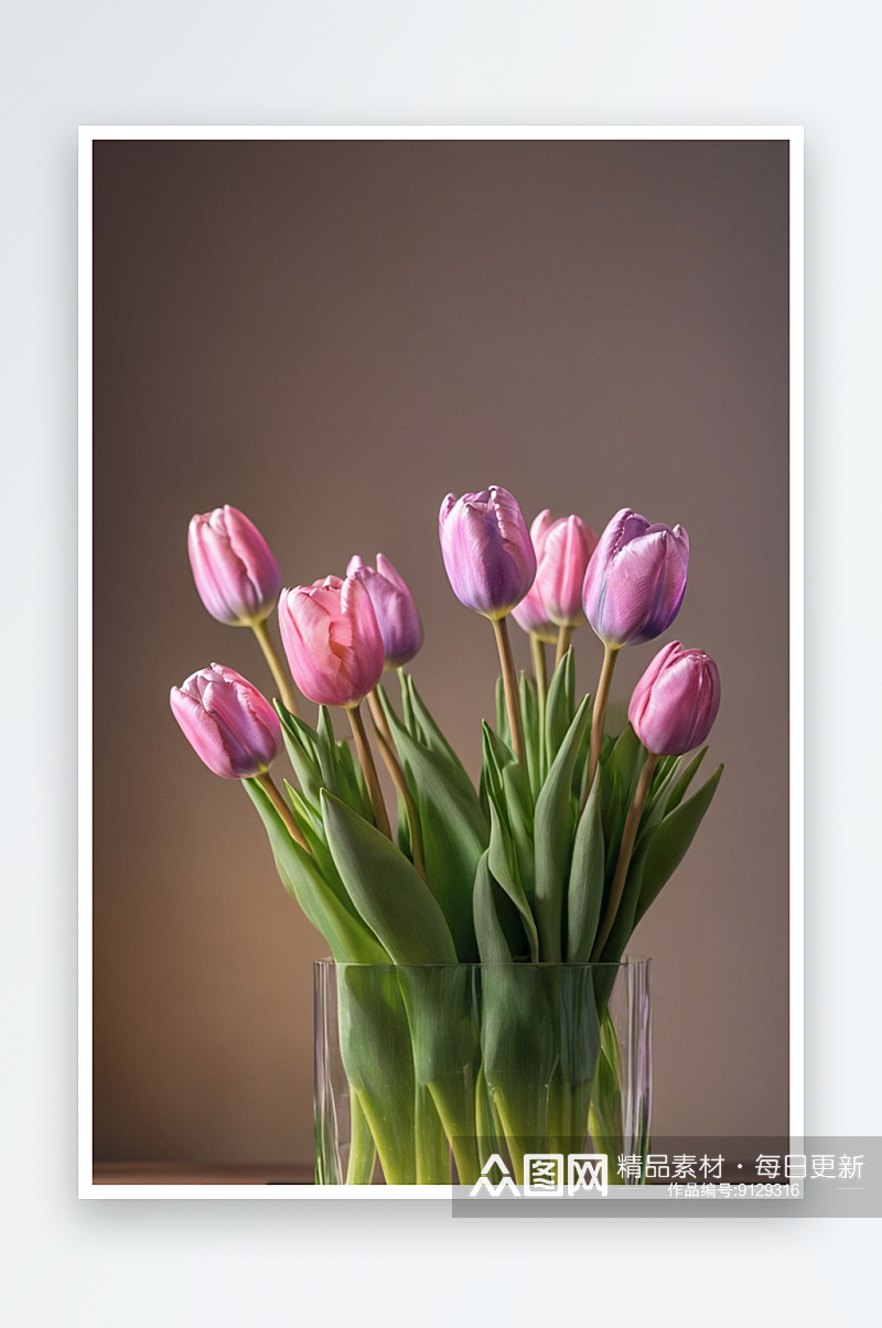 桌上花瓶里粉紫郁金香特写镜头图片素材