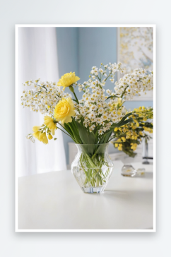 桌上玻璃花瓶里插着黄色白色花图片