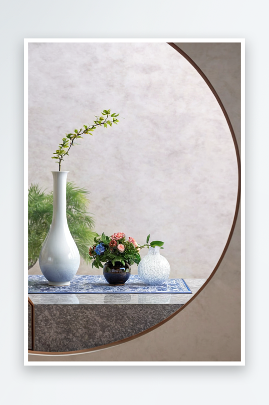 中式圆窗透景创意龟苓膏荷花花瓶静物图片