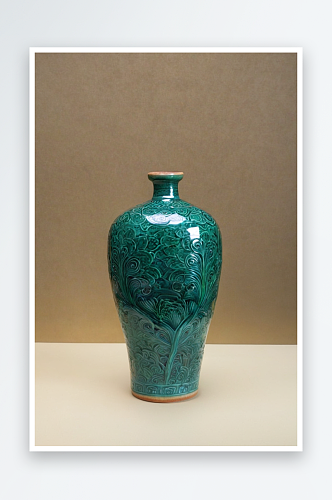 元代磁州窑孔雀绿釉人物纹梅瓶图片