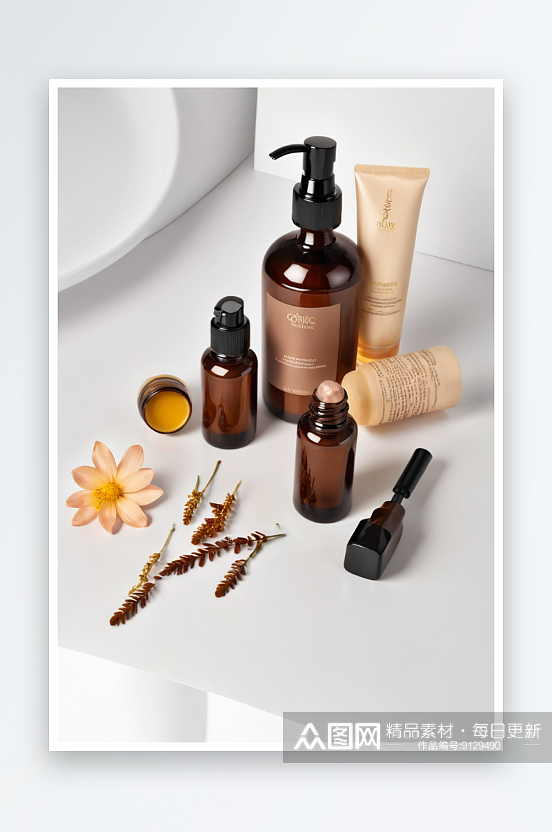 用于面部身体皮肤天然化妆品包装棕色瓶子与素材