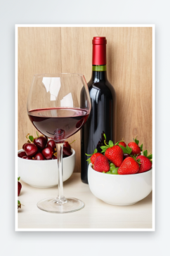 以红酒瓶玻璃杯新鲜草莓樱桃为背景木桌墙照