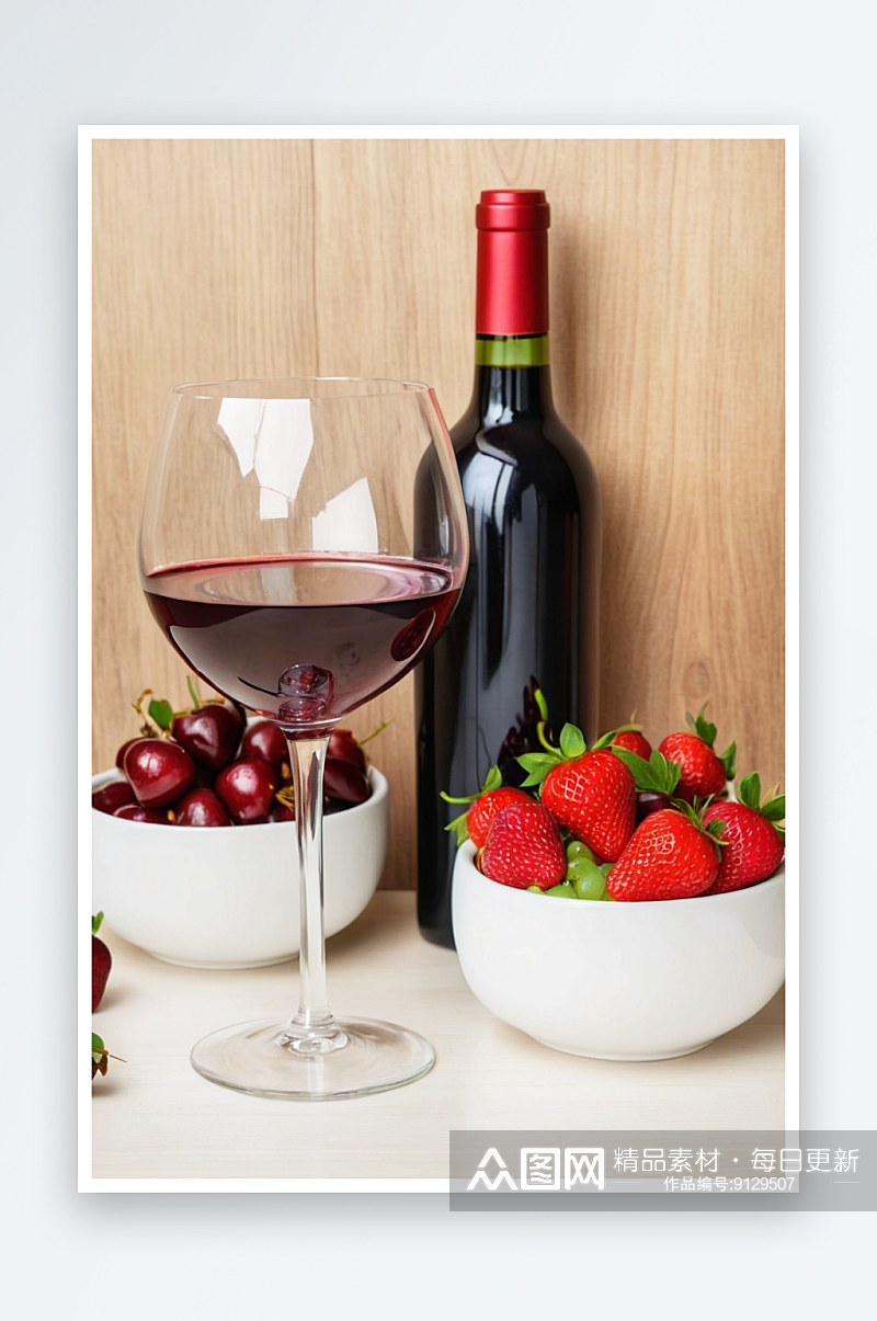 以红酒瓶玻璃杯新鲜草莓樱桃为背景木桌墙照素材