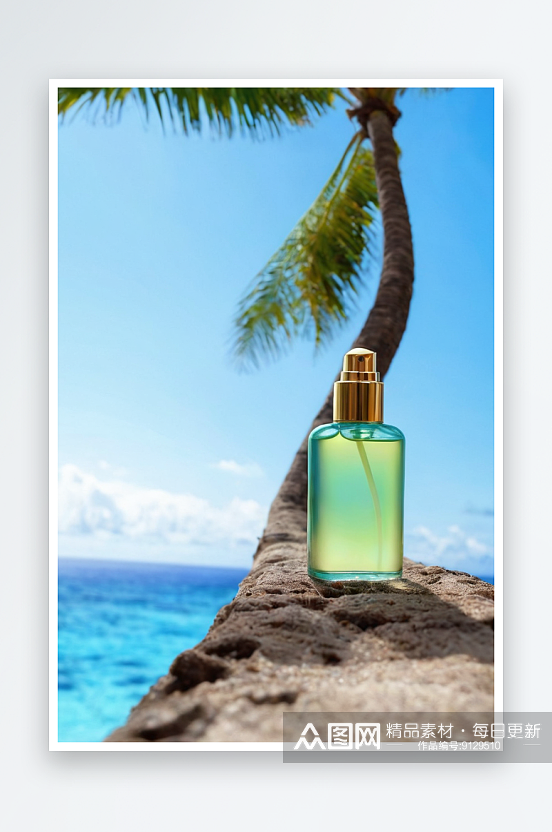 以碧蓝大海蓝天热带棕榈树为背景一瓶精华液素材