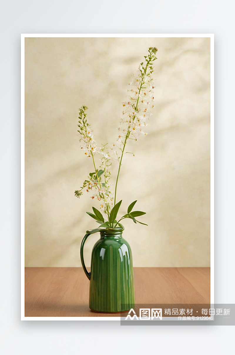 野花小绿色陶瓷罐花瓶奶油色背景图片素材