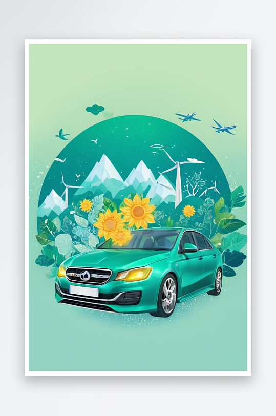 新能源汽车环保绿色出行低碳生活插画海报图