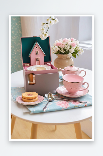 小茶几茶具粉红色房子复古乡村复古风格浪漫