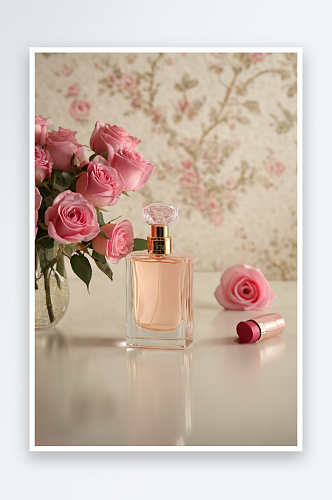 香水瓶两瓶唇膏还有一束粉红色淡粉色玫瑰图