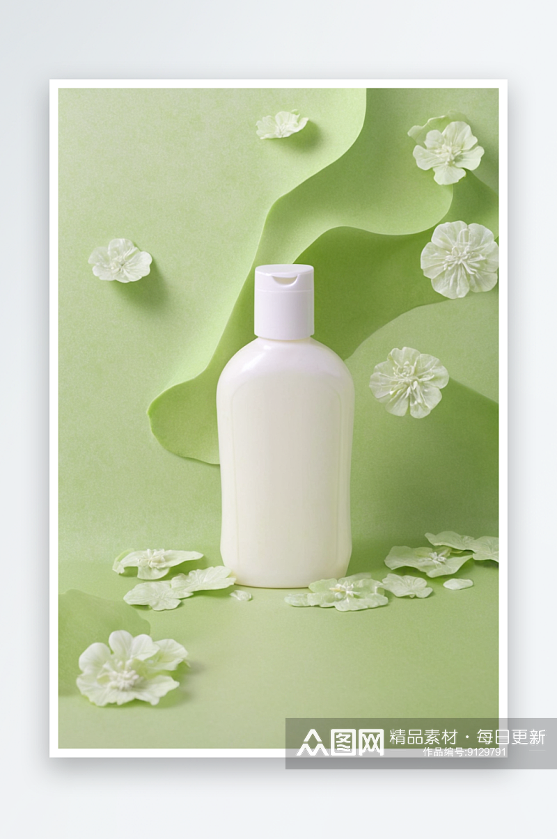 洗液瓶皮肤护理美容化妆品产品上绿色纸屑洗素材