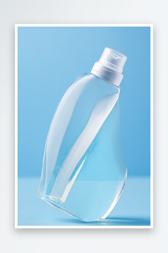 透明瓶与化妆品肥皂或洗发水蓝色背景明亮日