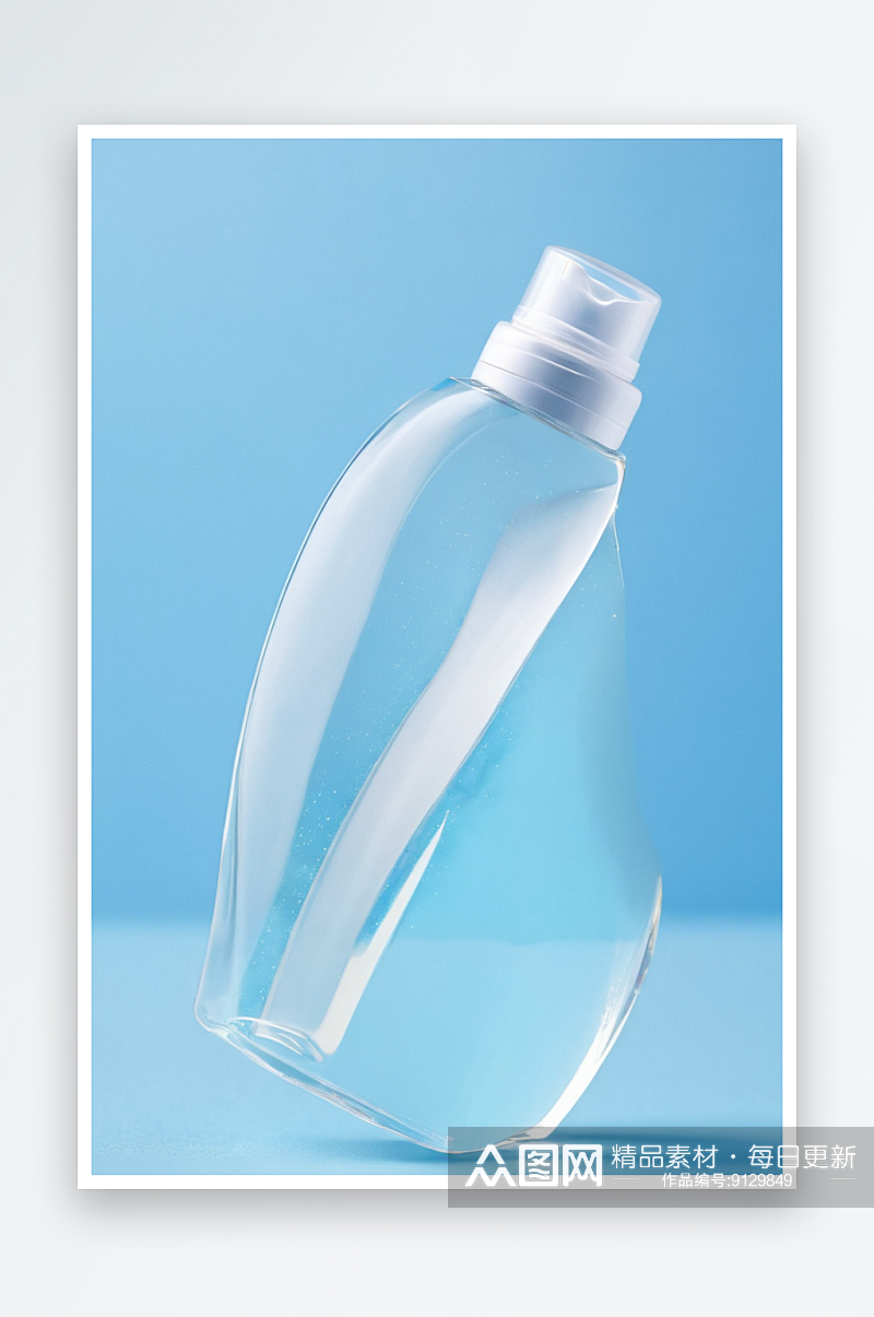 透明瓶与化妆品肥皂或洗发水蓝色背景明亮日素材