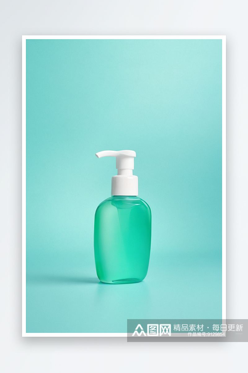 透明瓶与化妆品肥皂或洗发水薄荷色背景明亮素材