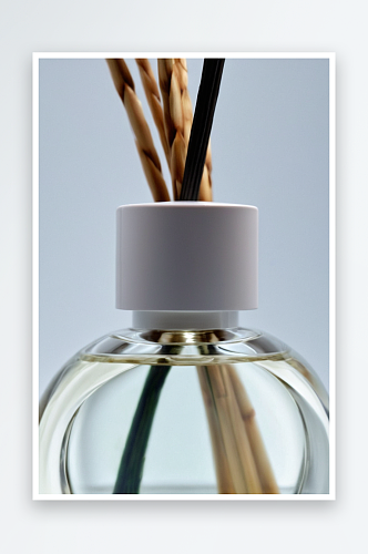 特写一个瓶子香味扩散与芦苇图片