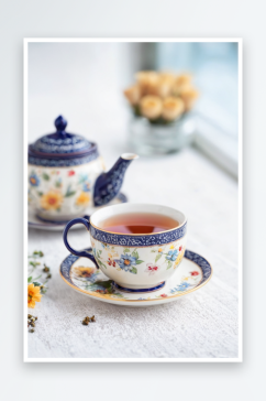 陶瓷杯与茶愉快早晨选择性焦点照片