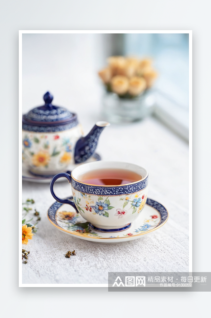 陶瓷杯与茶愉快早晨选择性焦点照片素材