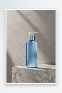 数字生成图像一个半透明蓝色化妆品瓶放置石