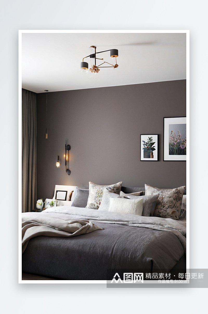 舒适双人床现代卧室与灰色油漆墙图片素材