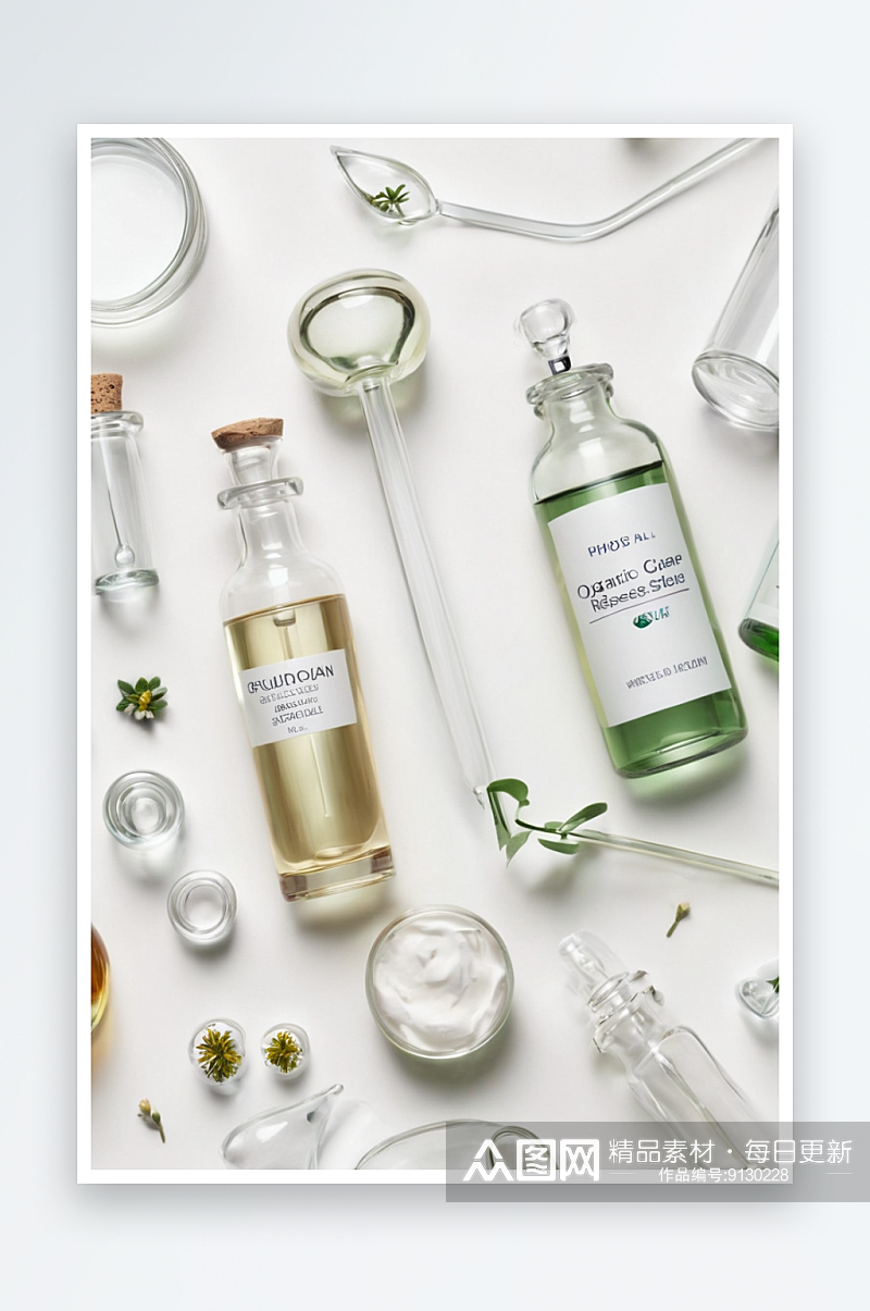 实验室玻璃器皿化妆品玻璃瓶白色背景天然药素材