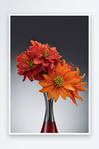 深灰色背景上花瓶里装饰着红色橙色花朵特写