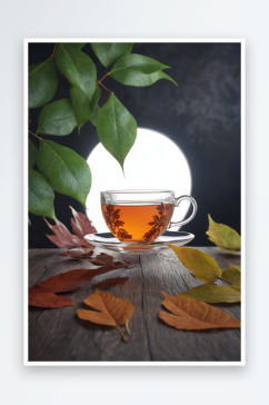 秋天一杯茶与树叶照片