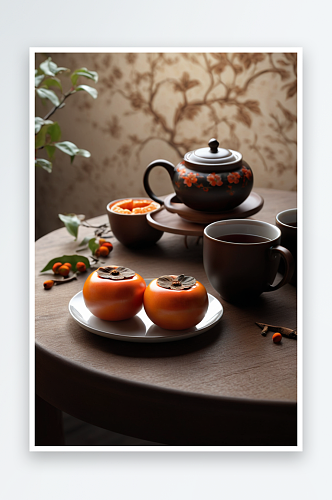 秋天里柿子与一壶热茶图片