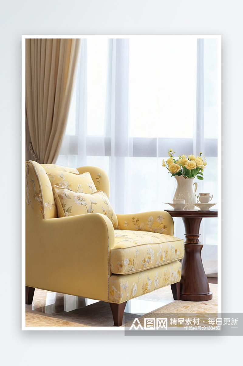 奶黄色室内沙发小茶几图片素材