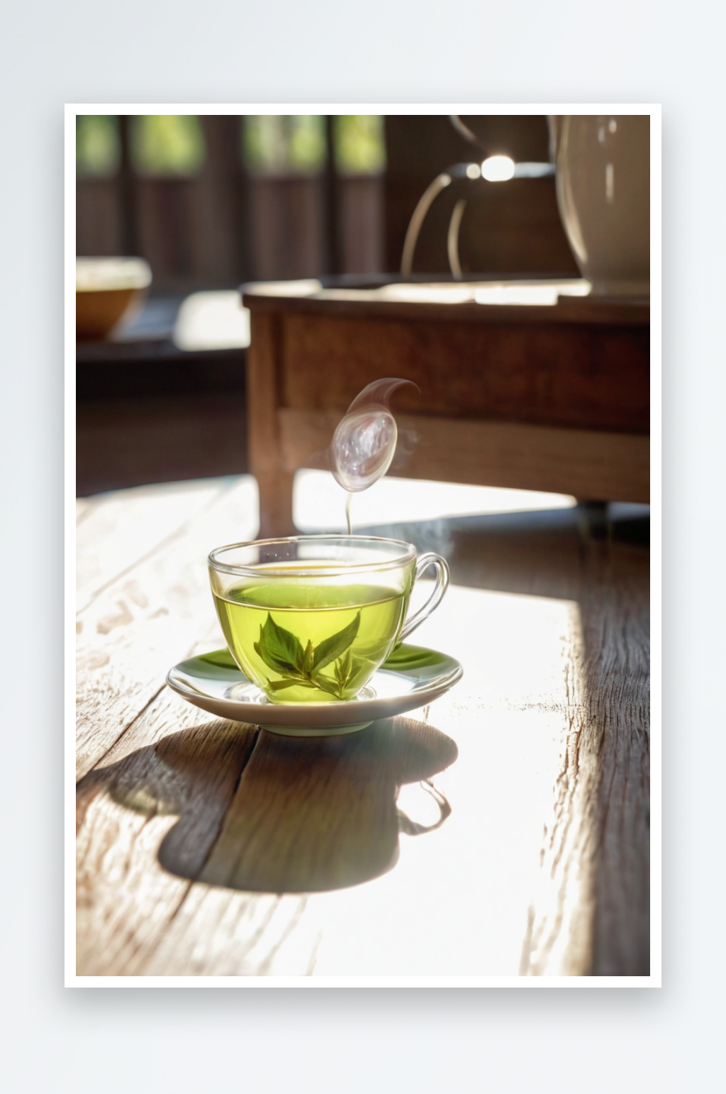 木质表面上一杯热绿茶照片素材