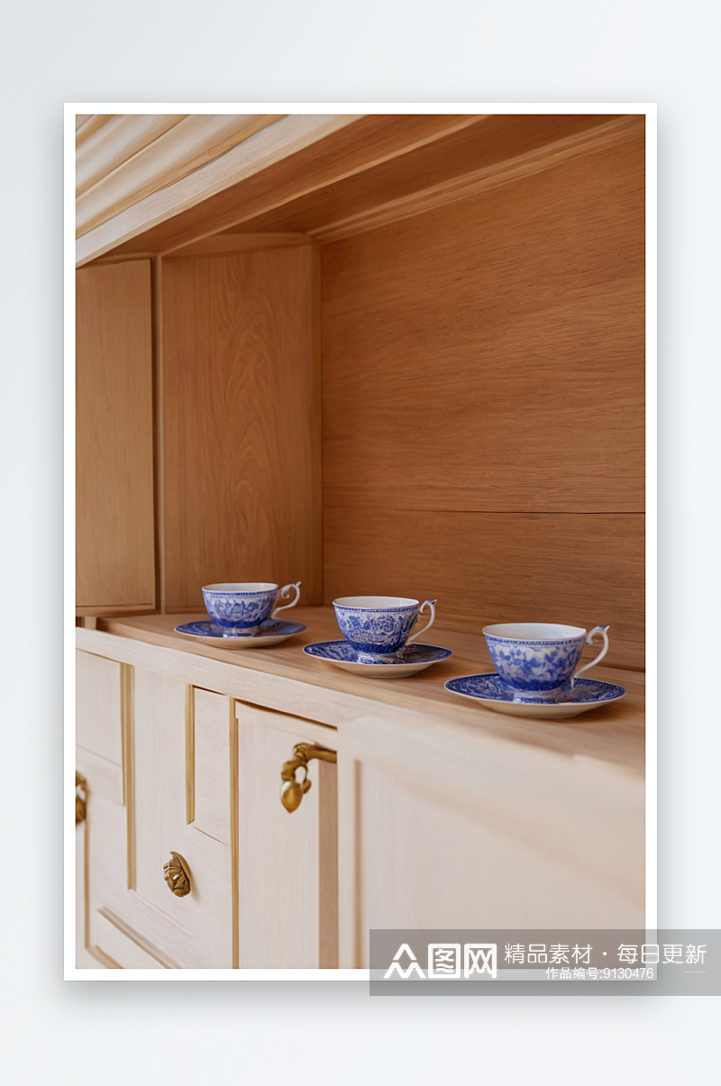 木制橱柜里茶具照片素材