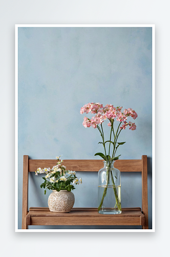木椅上花盆花瓶里花图片