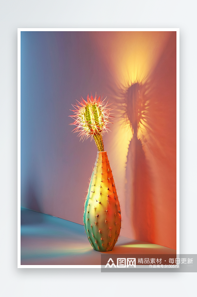 明亮灯光投射花瓶里仙人掌花图片素材
