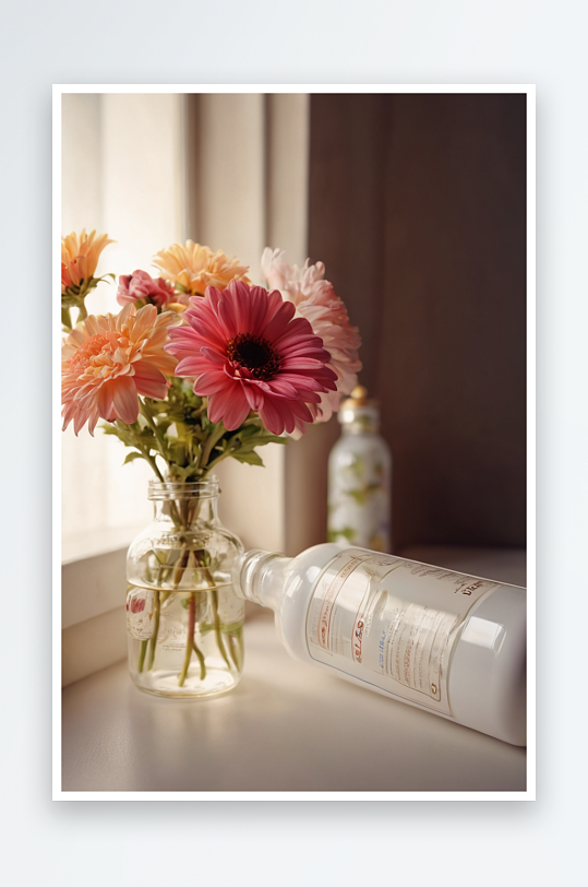美丽鲜花旁有一米白色瓶子图片