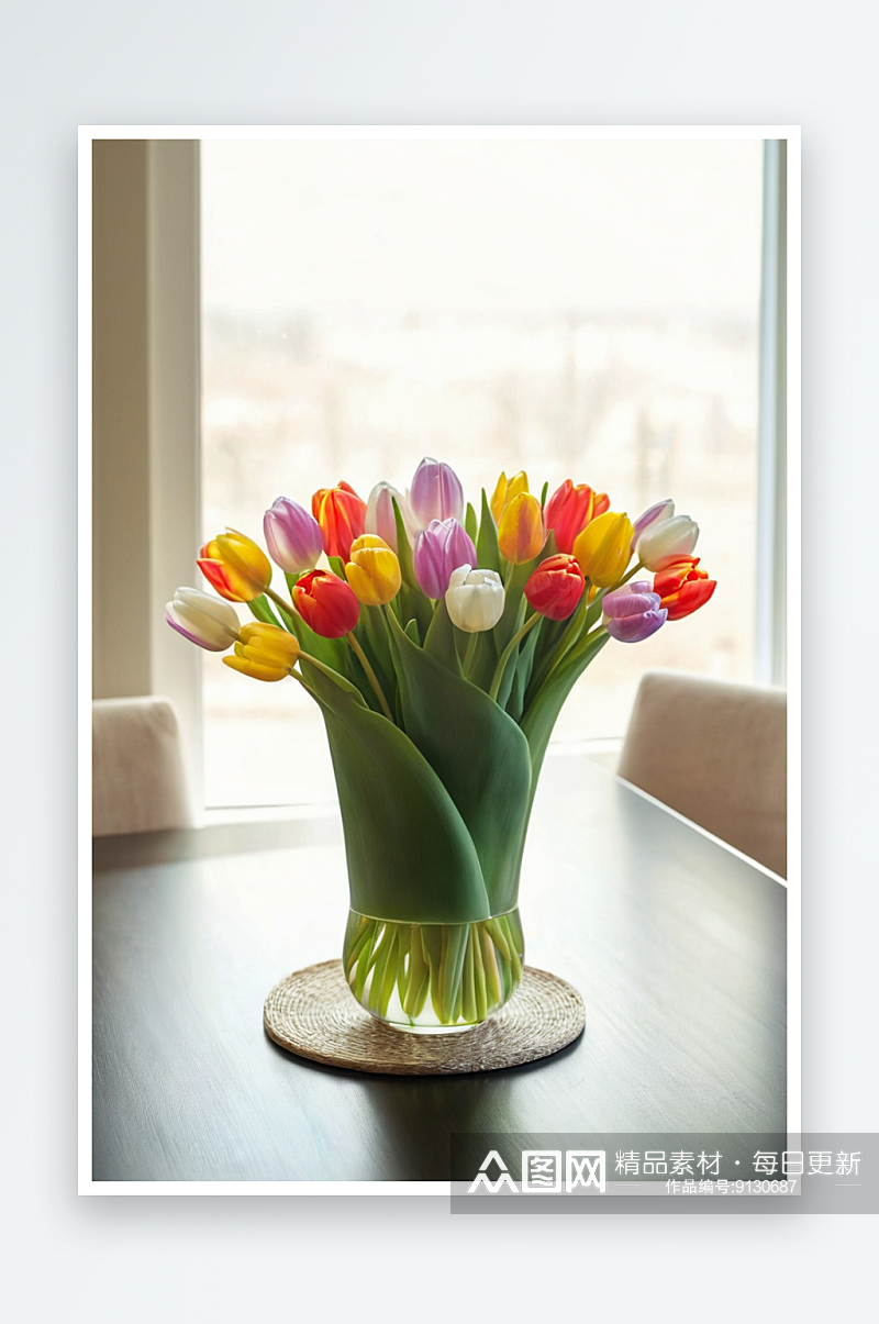 美丽多彩郁金香花束玻璃花瓶上桌子窗口背景素材