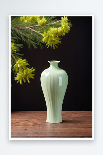 梅瓶绿萝插花摆放木桌面上特写图片