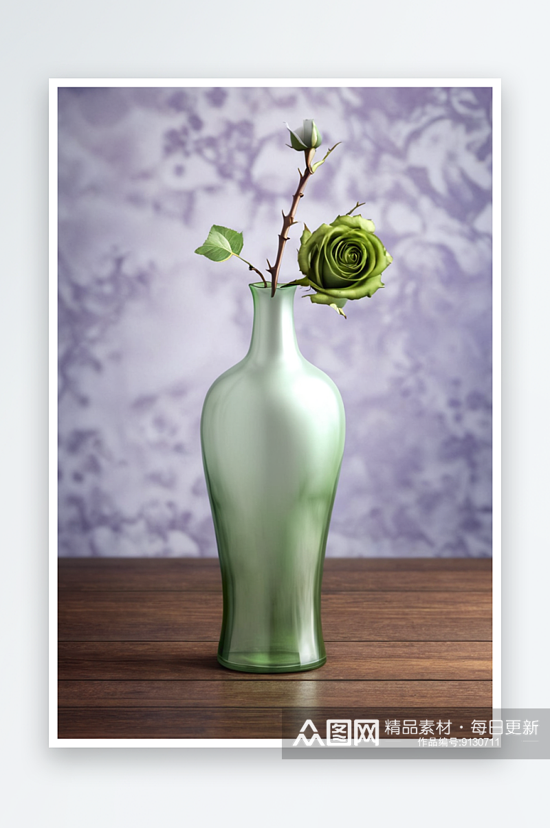 梅瓶绿萝插花摆放木桌面上特写图片素材