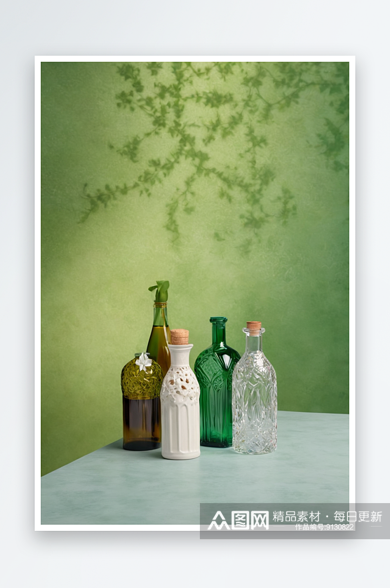 绿色背景桌子上瓶子特写图片素材