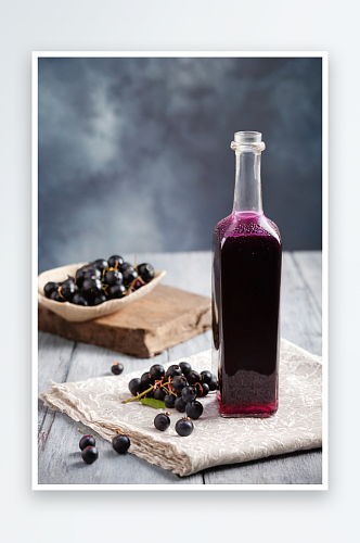 老复古葡萄酒瓶自制黑醋栗蓝莓黑莓醋照片