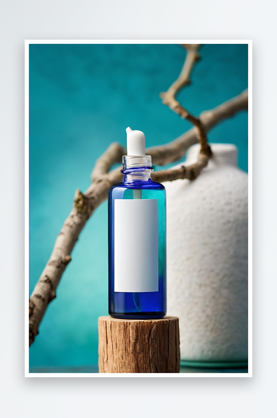 蓝色玻璃瓶装有精油或面部精华液置于木裙台